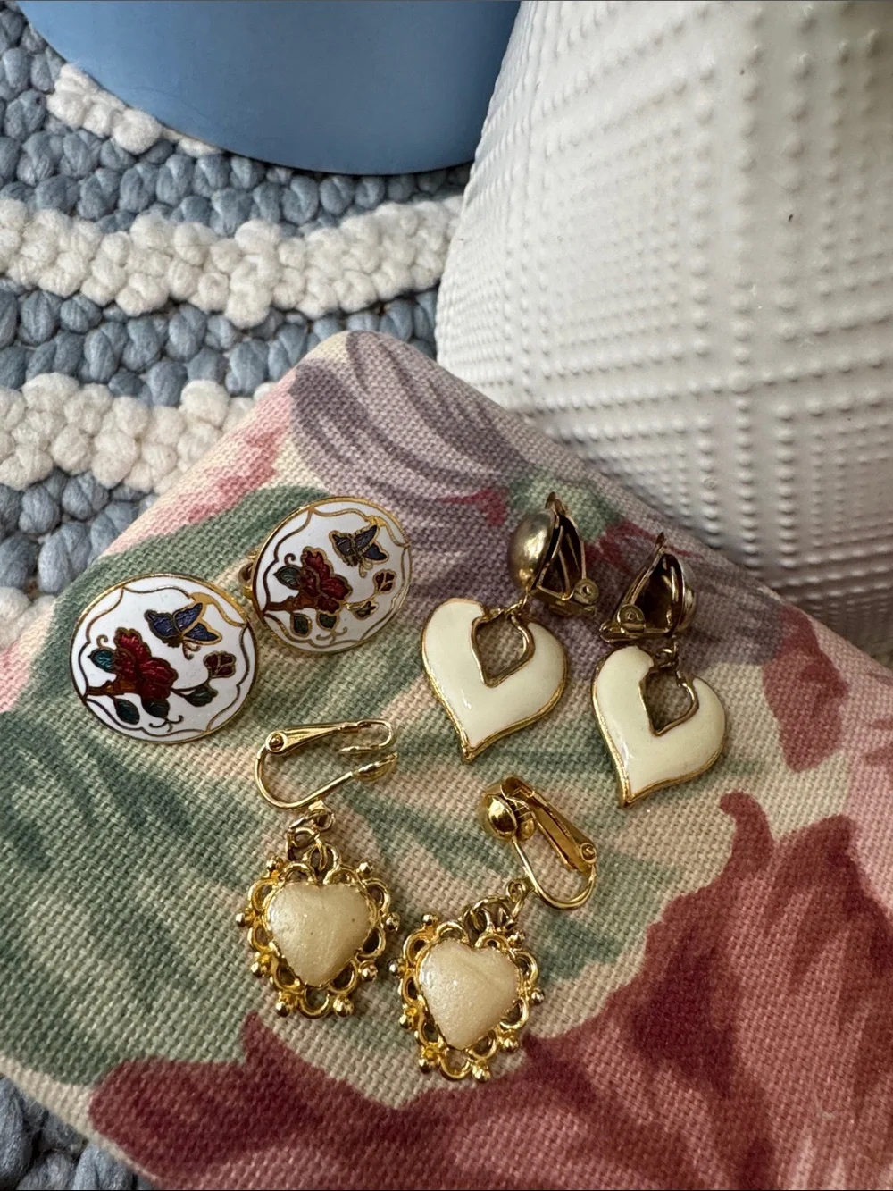 Vintage Cottagecore Heart & Floral Clip On Earrings Bundle Coquette Gold Tone